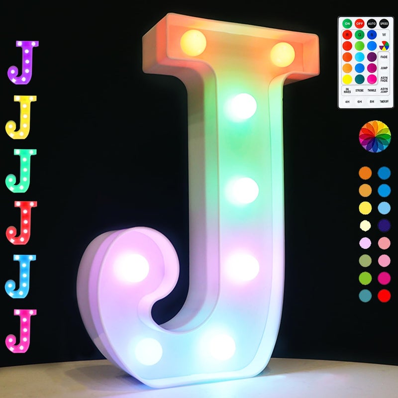 OYCBUZO Light Up Colorful LED Marquee Letter lights, 18 Colors Changing Alphabet Letters Sign with Remote Timer for Night Light Girls Bedroom Wedding Birthday Party Lamp Christmas Home Bar Decor- Colorful J - Image 1